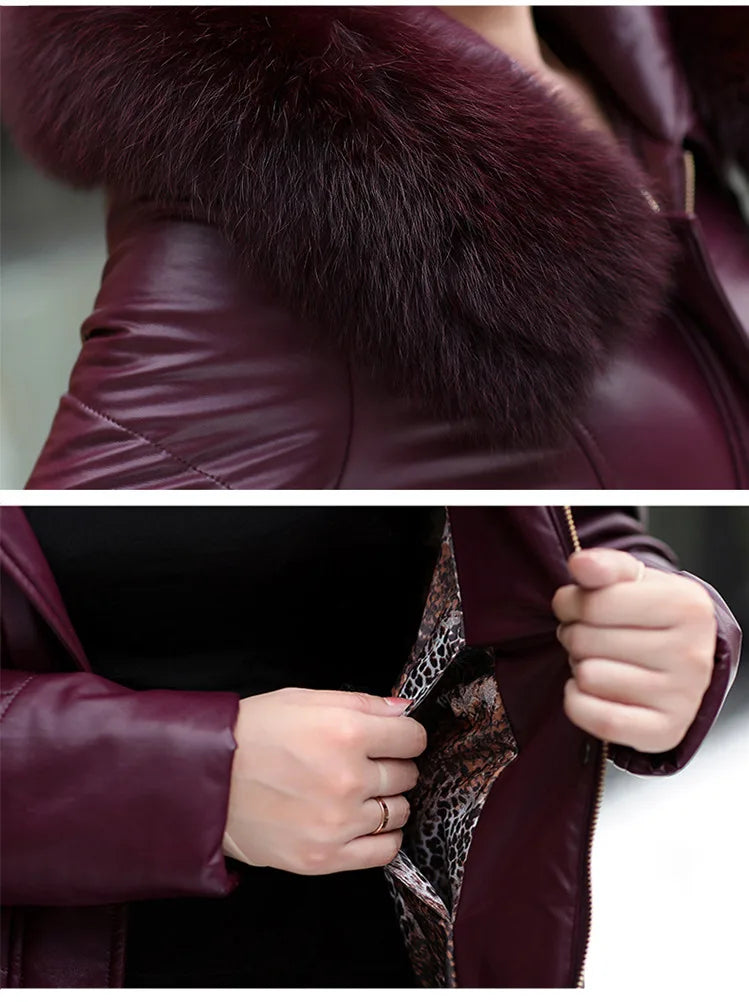 L-8XL Women Leather Coat Winter 2026 Fashion Mother Jacket Thicken Warm Outerwear Fur Collar Hooded Sheepskin Overcoat Female