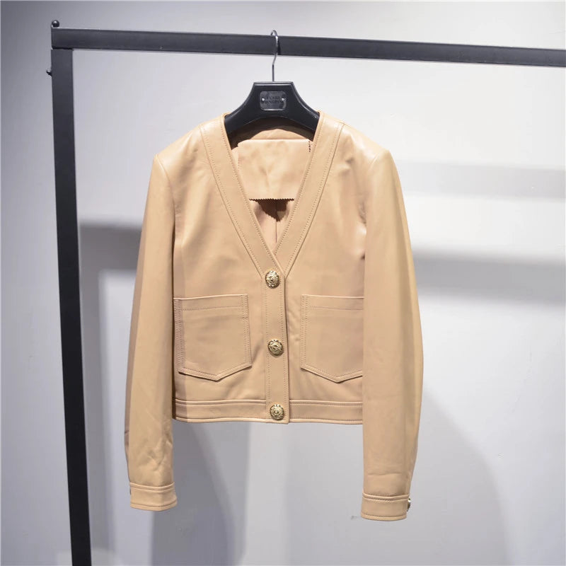Genuine Sheepskin Casacas Para Mujer Women Casual V-neck Short Khaki/White/Black Leather Jacket Feminino Slim Tops Trendy Pocket