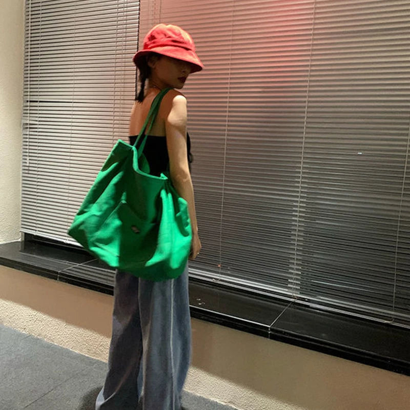 Canvas Bag High Quality Reusable Shopping Shoulder Bag Women Simple Casual Daily Use Handbag Totes Female Portable Folding Purse