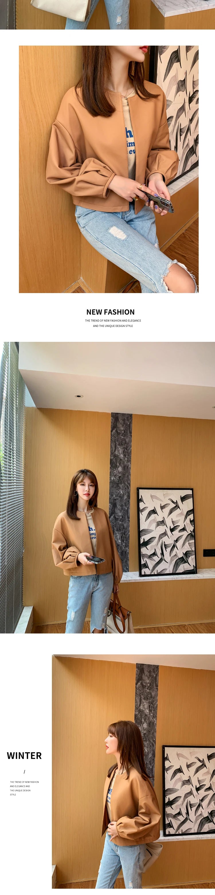Autumn Puff Sleeve Genuine Leather Jacket Women 100% Sheepskin Collarless Cardigan Casacas Loose Small Short Blouson Cuir Femme