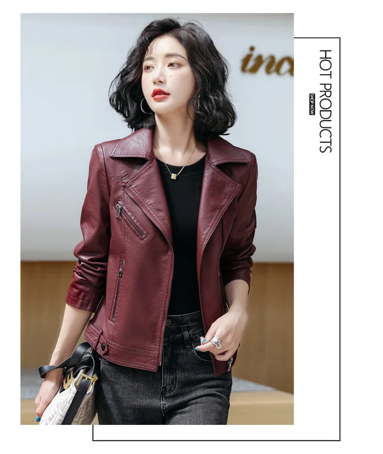 New Women Classic Leather Coat Spring Autumn 2025 Fashion Suit Collar Slim Short Sheepskin Outerwear Biker Leather Jacket Female
