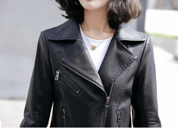 New Women Classic Leather Coat Spring Autumn 2025 Fashion Suit Collar Slim Short Sheepskin Outerwear Biker Leather Jacket Female