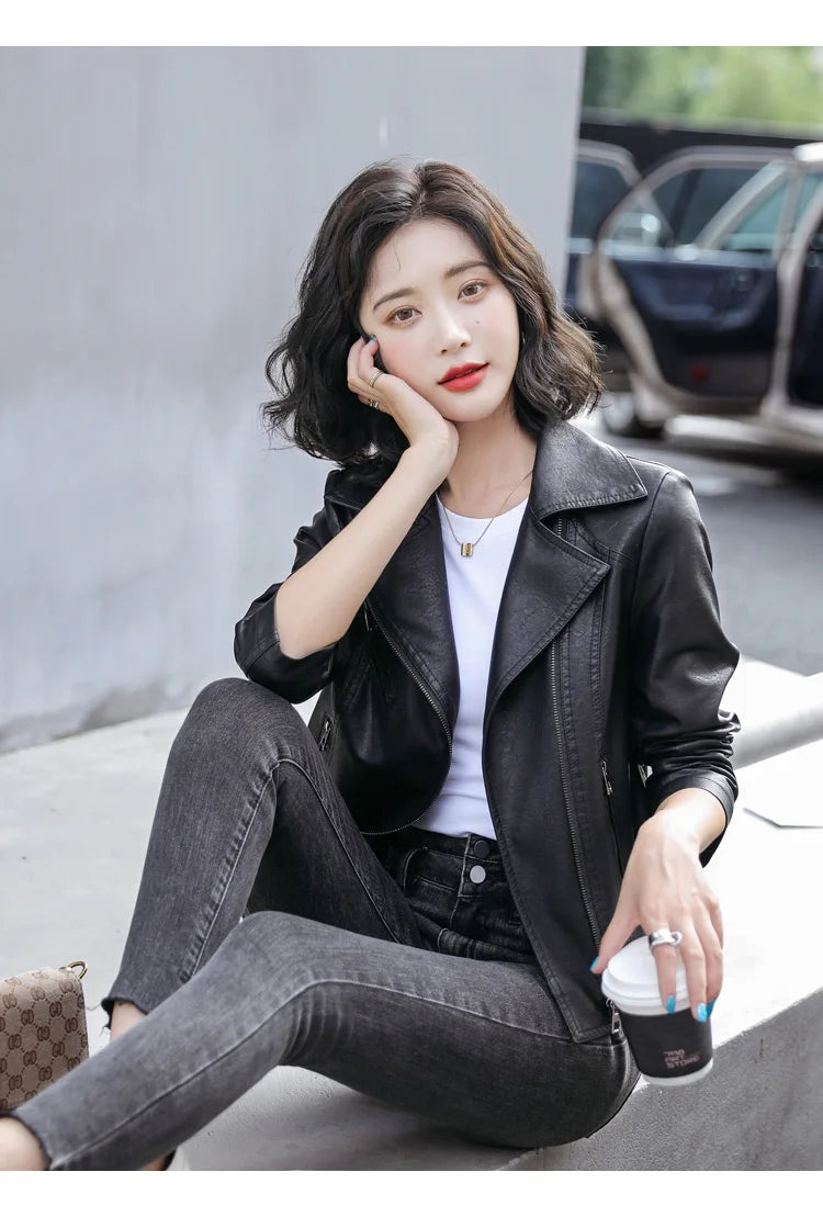 New Women Classic Leather Coat Spring Autumn 2025 Fashion Suit Collar Slim Short Sheepskin Outerwear Biker Leather Jacket Female