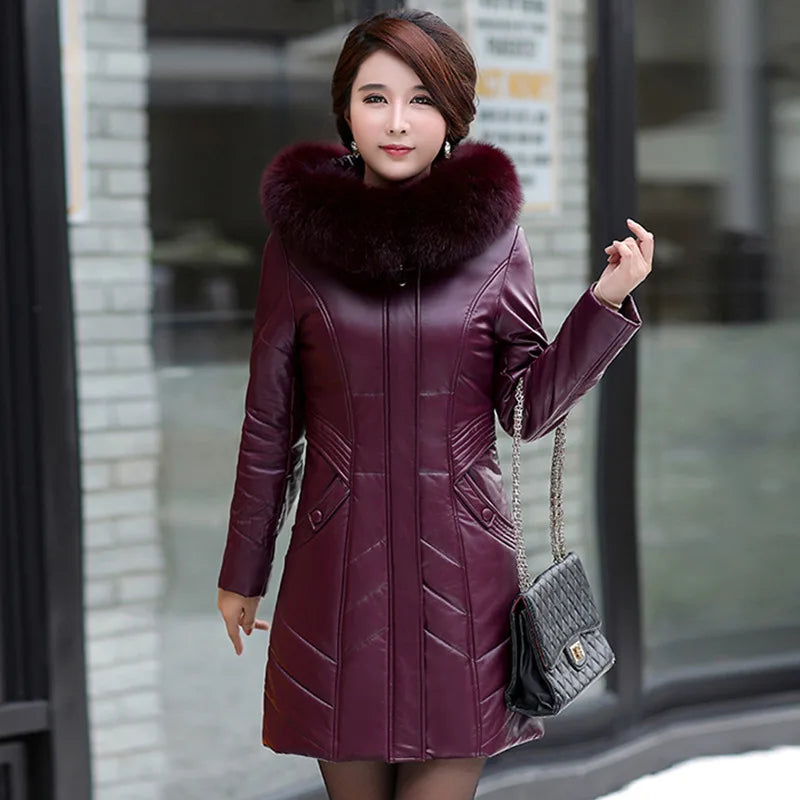 L-8XL Women Leather Coat Winter 2026 Fashion Mother Jacket Thicken Warm Outerwear Fur Collar Hooded Sheepskin Overcoat Female