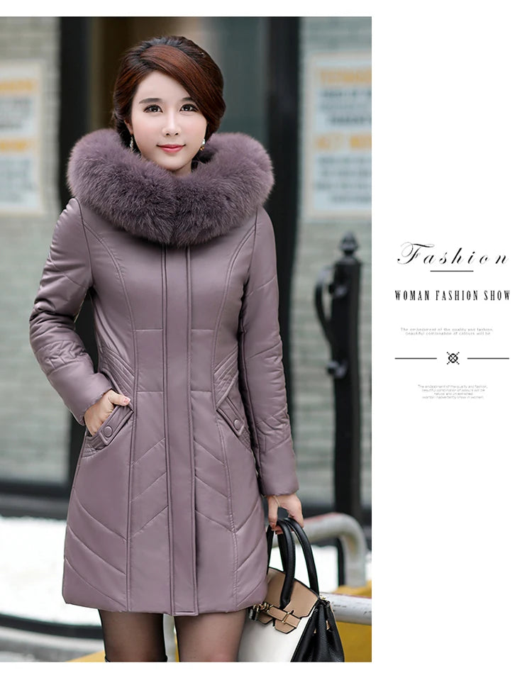 L-8XL Women Leather Coat Winter 2026 Fashion Mother Jacket Thicken Warm Outerwear Fur Collar Hooded Sheepskin Overcoat Female