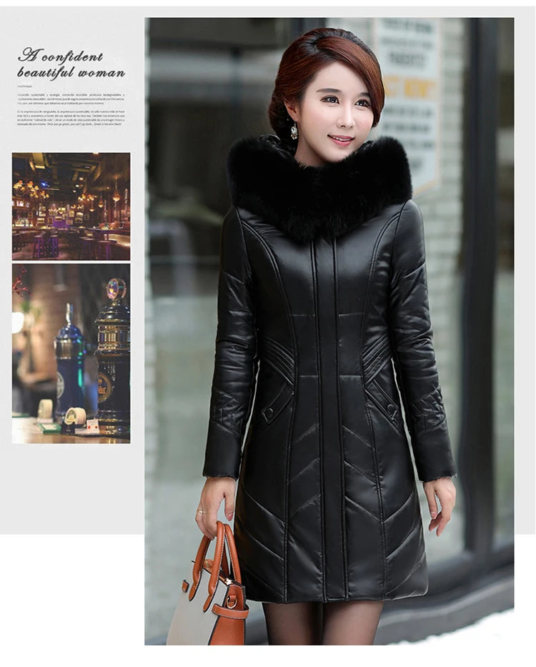 L-8XL Women Leather Coat Winter 2026 Fashion Mother Jacket Thicken Warm Outerwear Fur Collar Hooded Sheepskin Overcoat Female