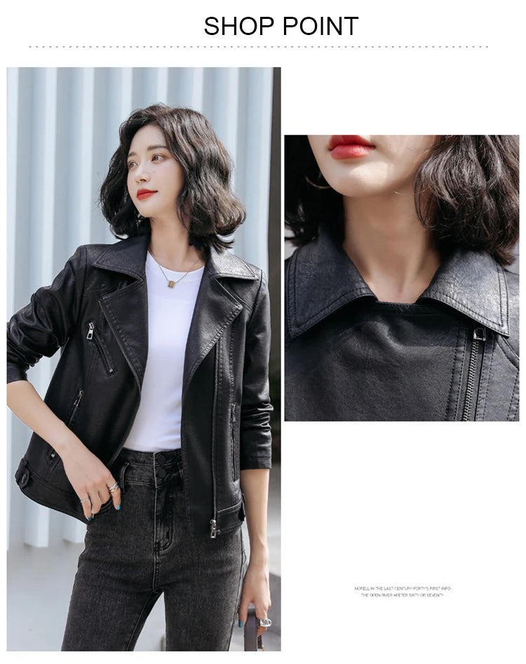 New Women Classic Leather Coat Spring Autumn 2025 Fashion Suit Collar Slim Short Sheepskin Outerwear Biker Leather Jacket Female