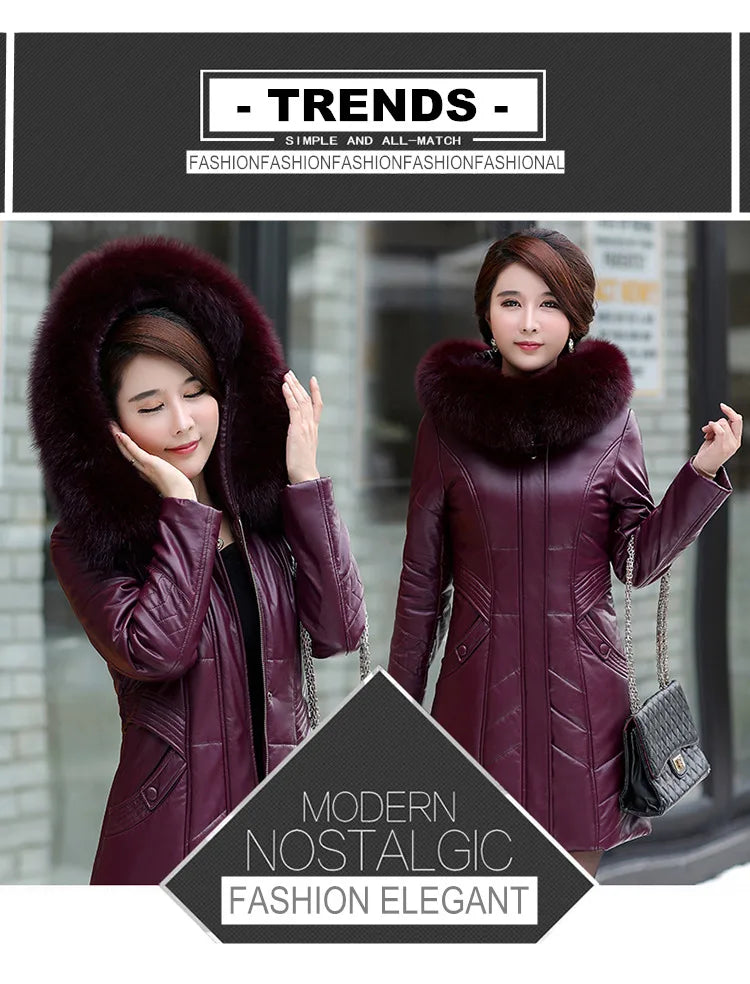 L-8XL Women Leather Coat Winter 2026 Fashion Mother Jacket Thicken Warm Outerwear Fur Collar Hooded Sheepskin Overcoat Female