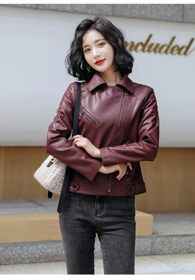 New Women Classic Leather Coat Spring Autumn 2025 Fashion Suit Collar Slim Short Sheepskin Outerwear Biker Leather Jacket Female