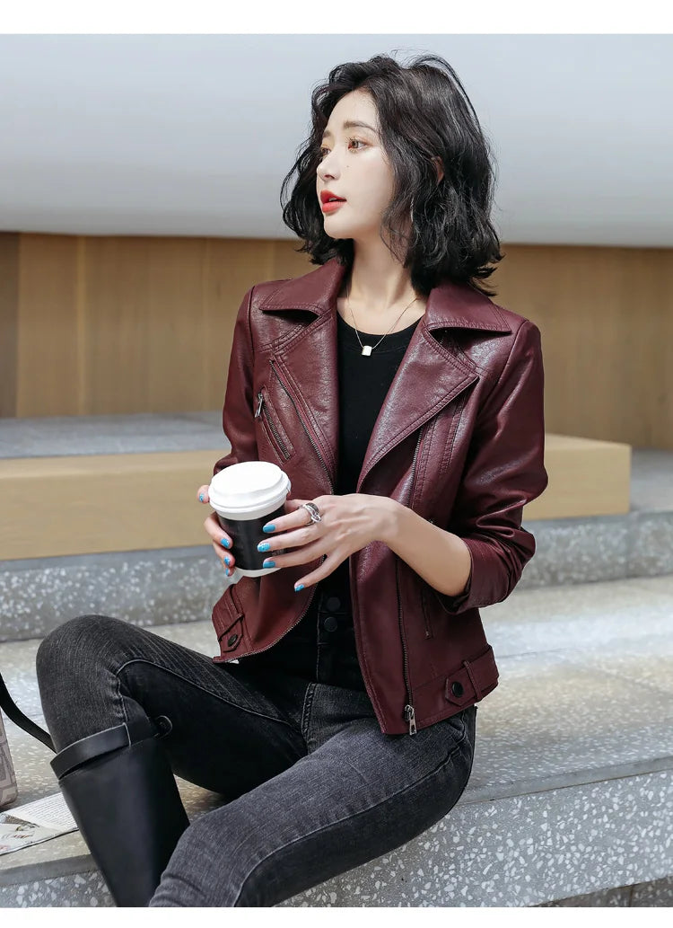 New Women Classic Leather Coat Spring Autumn 2025 Fashion Suit Collar Slim Short Sheepskin Outerwear Biker Leather Jacket Female