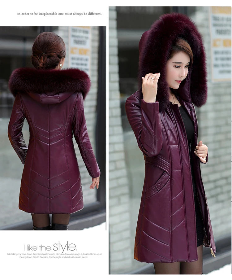 L-8XL Women Leather Coat Winter 2026 Fashion Mother Jacket Thicken Warm Outerwear Fur Collar Hooded Sheepskin Overcoat Female