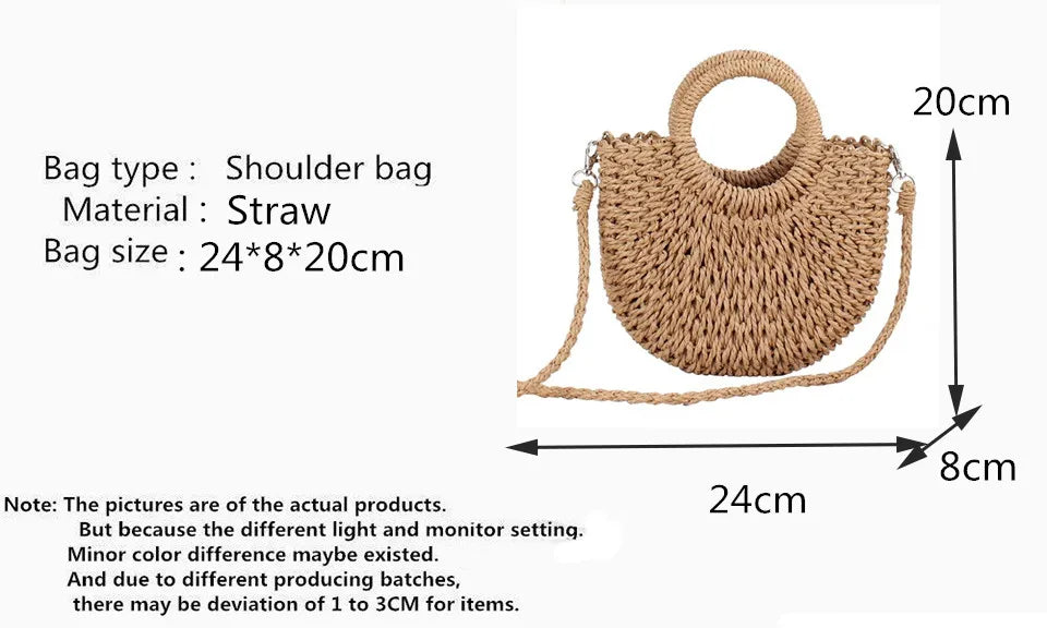 Yogodlns Handmade Half-Round Rattan Woven Straw Bag Summer Women Messenger Crossbody Bags Girls Small Beach Handbag New
