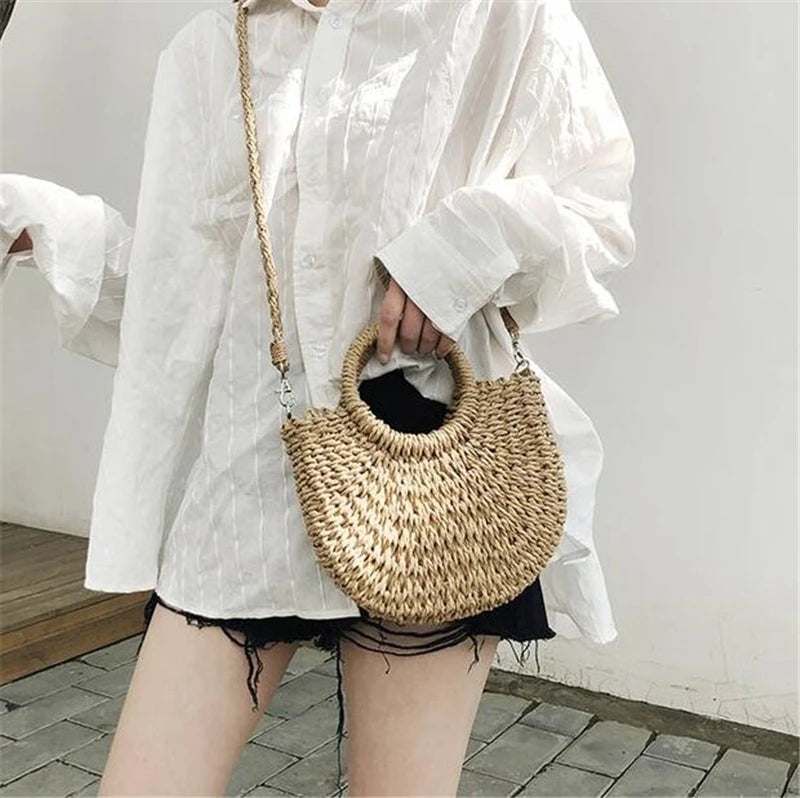 Yogodlns Handmade Half-Round Rattan Woven Straw Bag Summer Women Messenger Crossbody Bags Girls Small Beach Handbag New