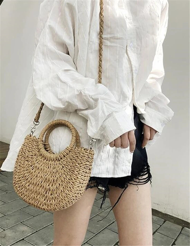Yogodlns Handmade Half-Round Rattan Woven Straw Bag Summer Women Messenger Crossbody Bags Girls Small Beach Handbag New