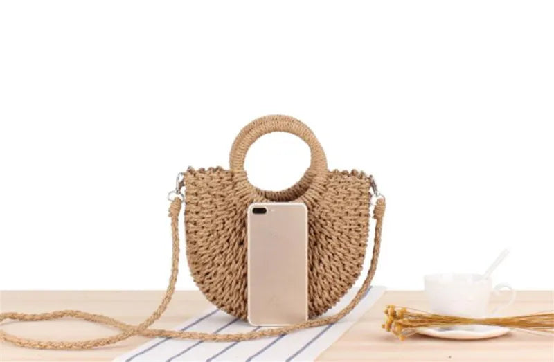 Yogodlns Handmade Half-Round Rattan Woven Straw Bag Summer Women Messenger Crossbody Bags Girls Small Beach Handbag New