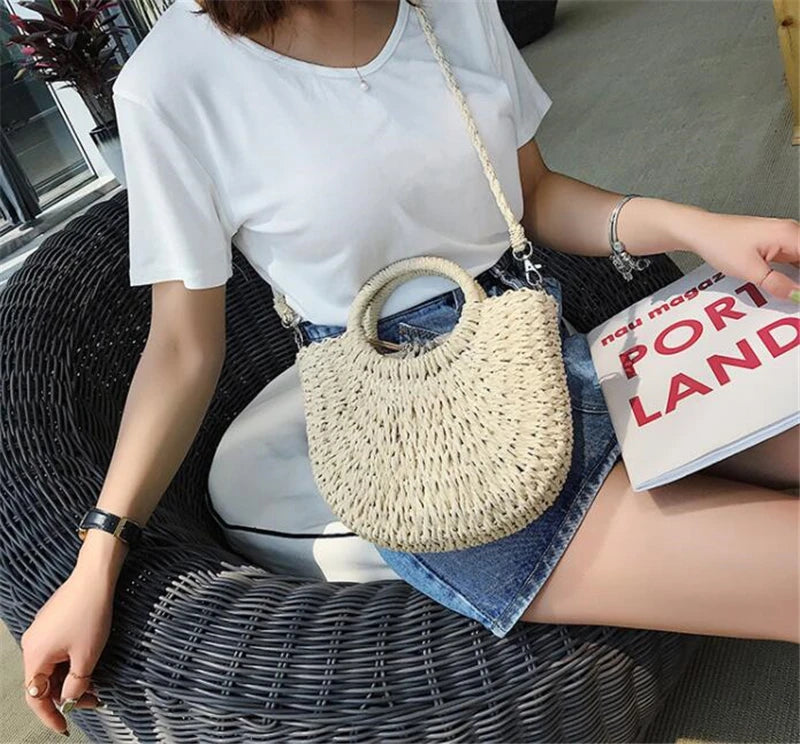 Yogodlns Handmade Half-Round Rattan Woven Straw Bag Summer Women Messenger Crossbody Bags Girls Small Beach Handbag New