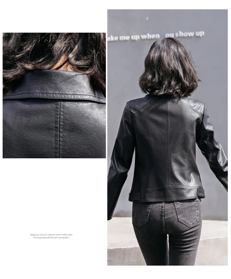 New Women Classic Leather Coat Spring Autumn 2025 Fashion Suit Collar Slim Short Sheepskin Outerwear Biker Leather Jacket Female