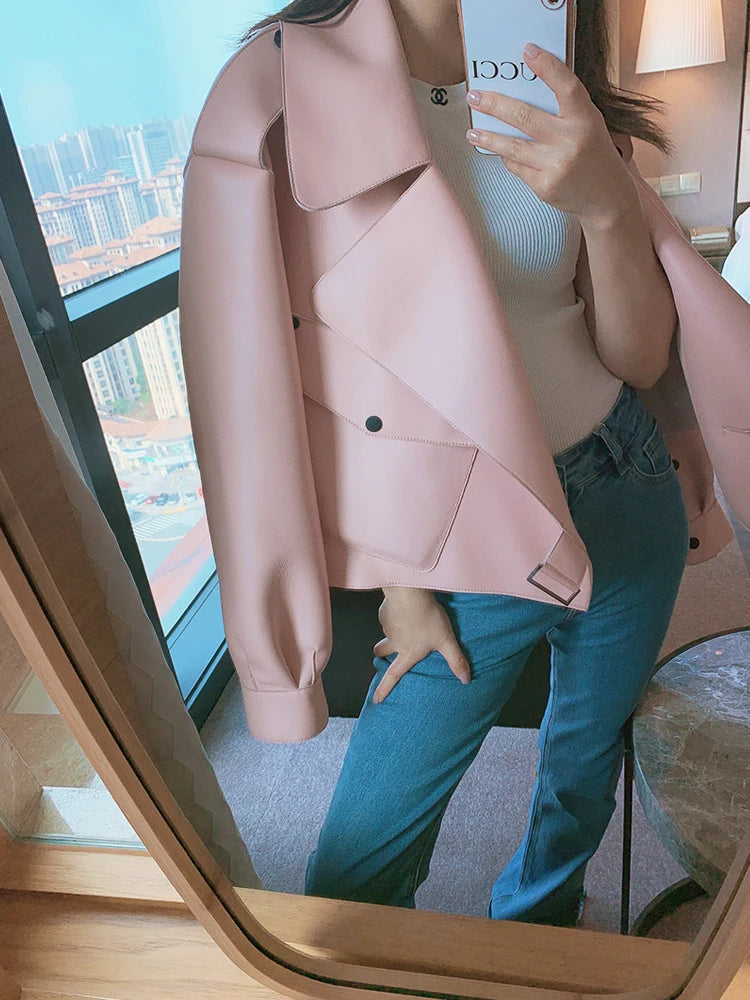 OFTBUY 2022 Genuine Leather Jacket Women Real Sheepshin Leather Coat Spring Autumn New Fashion Real Leather Jacket Loose Casual
