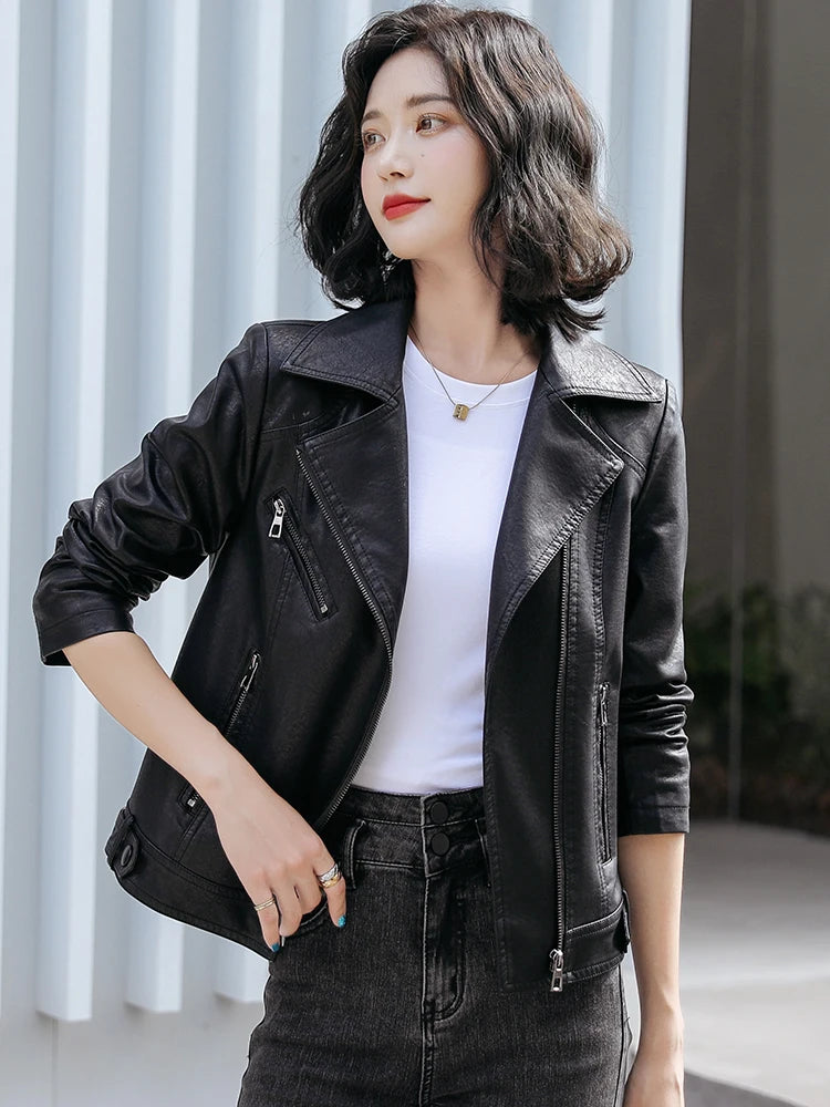 New Women Classic Leather Coat Spring Autumn 2025 Fashion Suit Collar Slim Short Sheepskin Outerwear Biker Leather Jacket Female