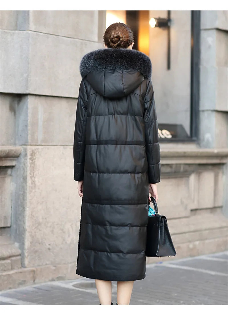 2022 High Quality Sheepskin Down Jacket Women Winter Coat Fox Fur Collar Hooded Natural Leather White Duck Down Outerwear KW1213