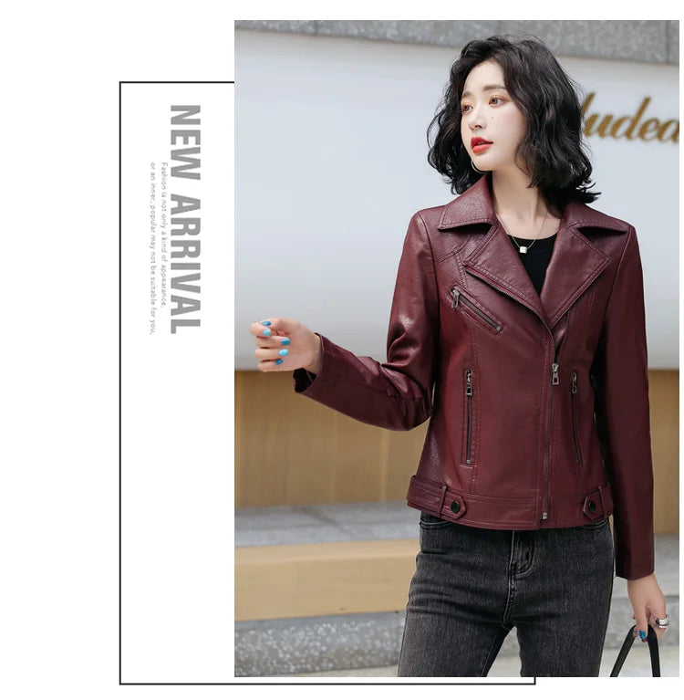 New Women Classic Leather Coat Spring Autumn 2025 Fashion Suit Collar Slim Short Sheepskin Outerwear Biker Leather Jacket Female