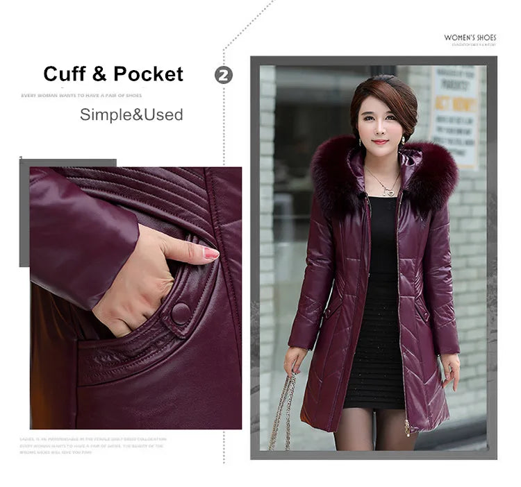 L-8XL Women Leather Coat Winter 2026 Fashion Mother Jacket Thicken Warm Outerwear Fur Collar Hooded Sheepskin Overcoat Female