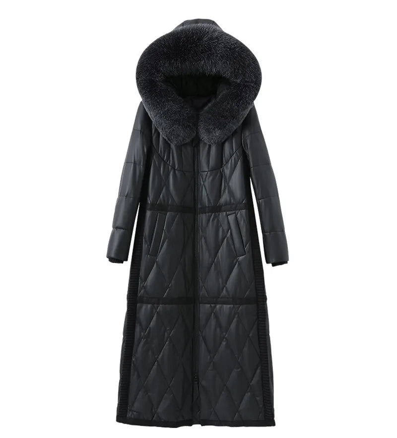 2022 High Quality Sheepskin Down Jacket Women Winter Coat Fox Fur Collar Hooded Natural Leather White Duck Down Outerwear KW1213