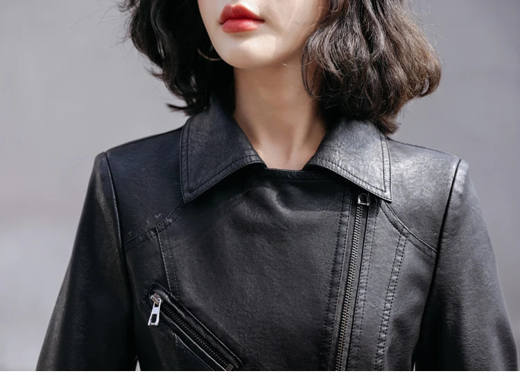 New Women Classic Leather Coat Spring Autumn 2025 Fashion Suit Collar Slim Short Sheepskin Outerwear Biker Leather Jacket Female