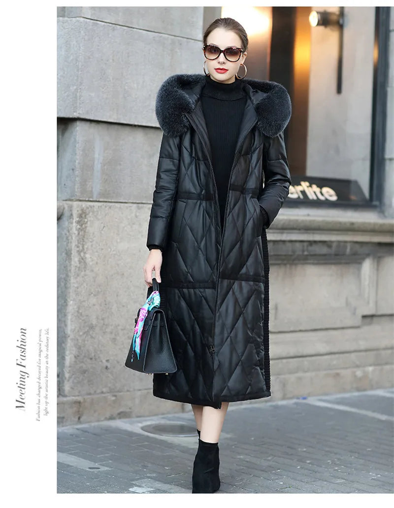 2022 High Quality Sheepskin Down Jacket Women Winter Coat Fox Fur Collar Hooded Natural Leather White Duck Down Outerwear KW1213