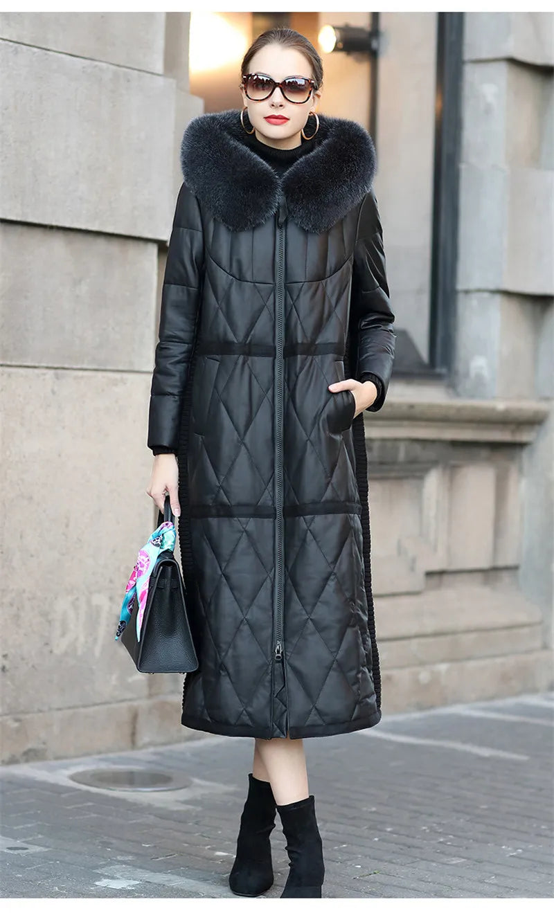2022 High Quality Sheepskin Down Jacket Women Winter Coat Fox Fur Collar Hooded Natural Leather White Duck Down Outerwear KW1213