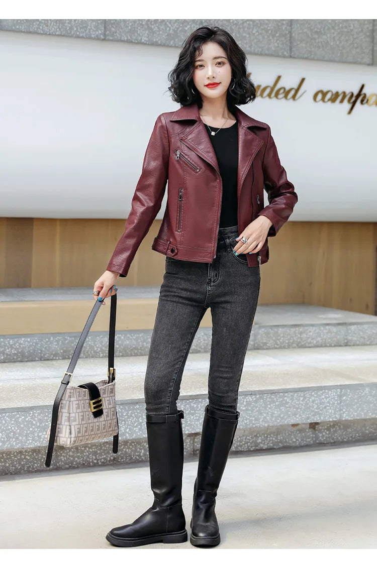 New Women Classic Leather Coat Spring Autumn 2025 Fashion Suit Collar Slim Short Sheepskin Outerwear Biker Leather Jacket Female