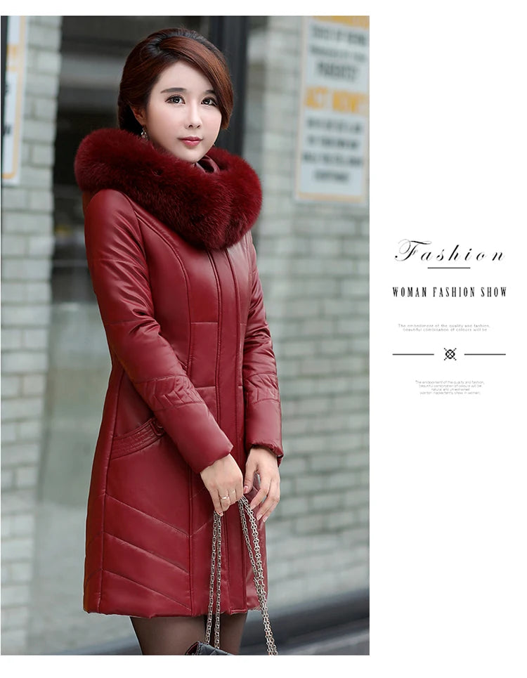 L-8XL Women Leather Coat Winter 2026 Fashion Mother Jacket Thicken Warm Outerwear Fur Collar Hooded Sheepskin Overcoat Female