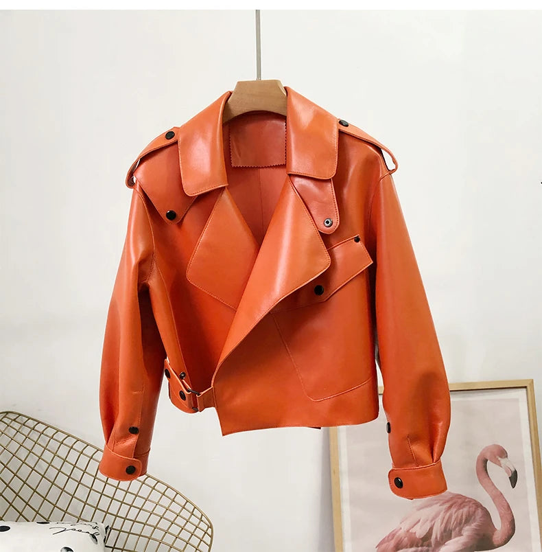 OFTBUY 2022 Genuine Leather Jacket Women Real Sheepshin Leather Coat Spring Autumn New Fashion Real Leather Jacket Loose Casual