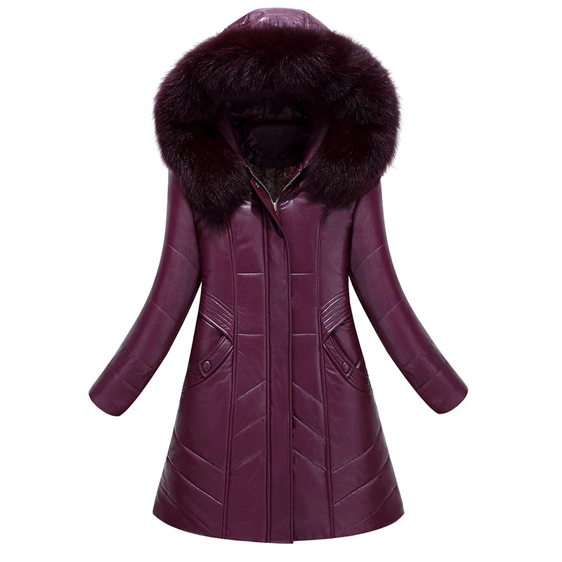 L-8XL Women Leather Coat Winter 2026 Fashion Mother Jacket Thicken Warm Outerwear Fur Collar Hooded Sheepskin Overcoat Female