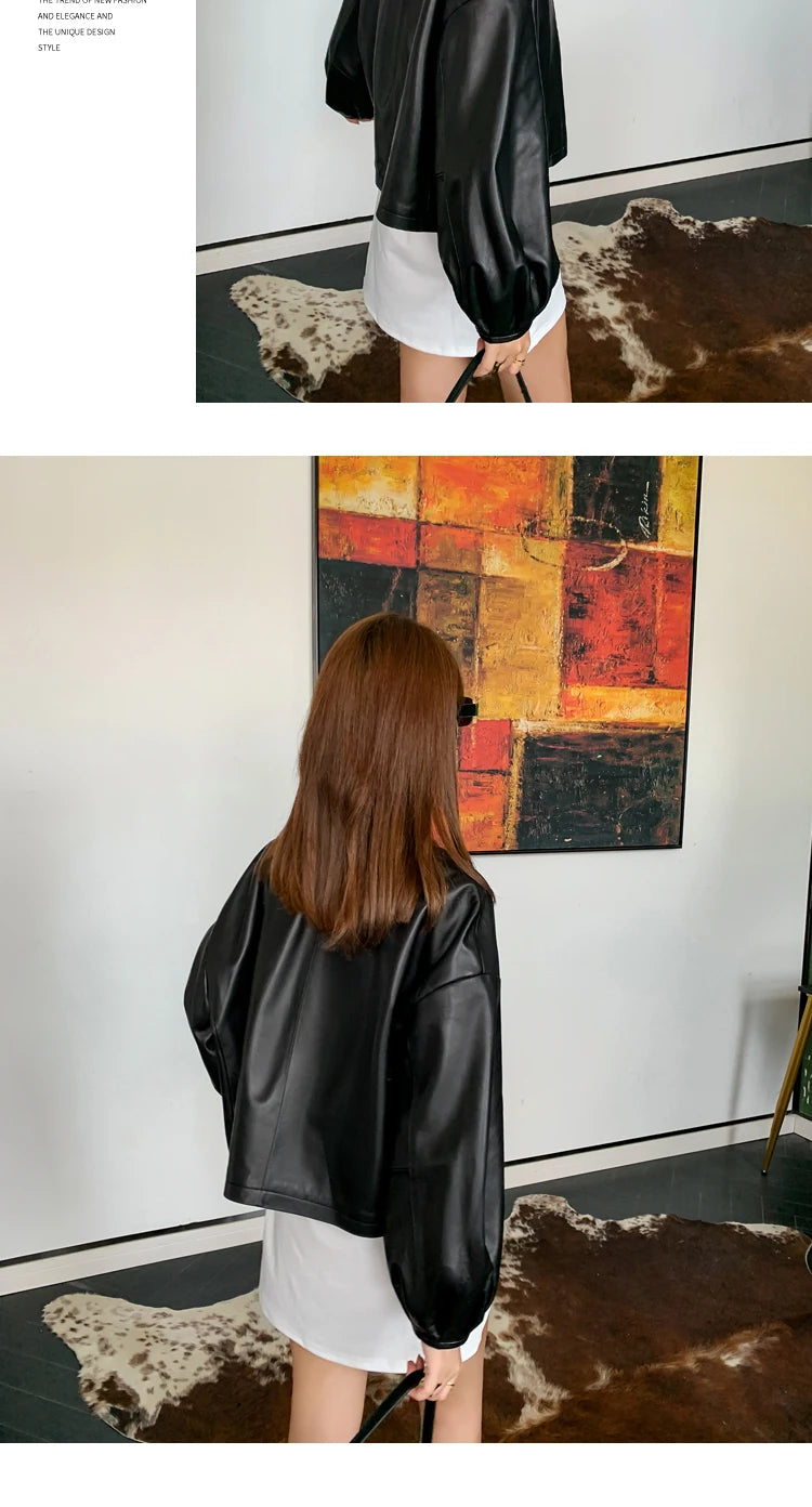 Autumn Puff Sleeve Genuine Leather Jacket Women 100% Sheepskin Collarless Cardigan Casacas Loose Small Short Blouson Cuir Femme