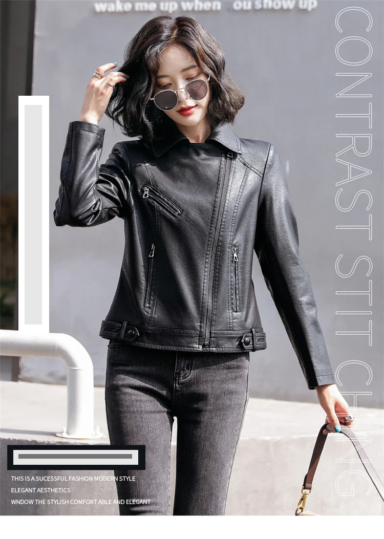 New Women Classic Leather Coat Spring Autumn 2025 Fashion Suit Collar Slim Short Sheepskin Outerwear Biker Leather Jacket Female