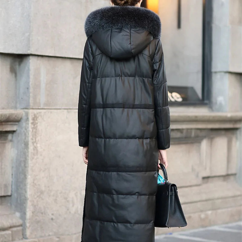2022 High Quality Sheepskin Down Jacket Women Winter Coat Fox Fur Collar Hooded Natural Leather White Duck Down Outerwear KW1213