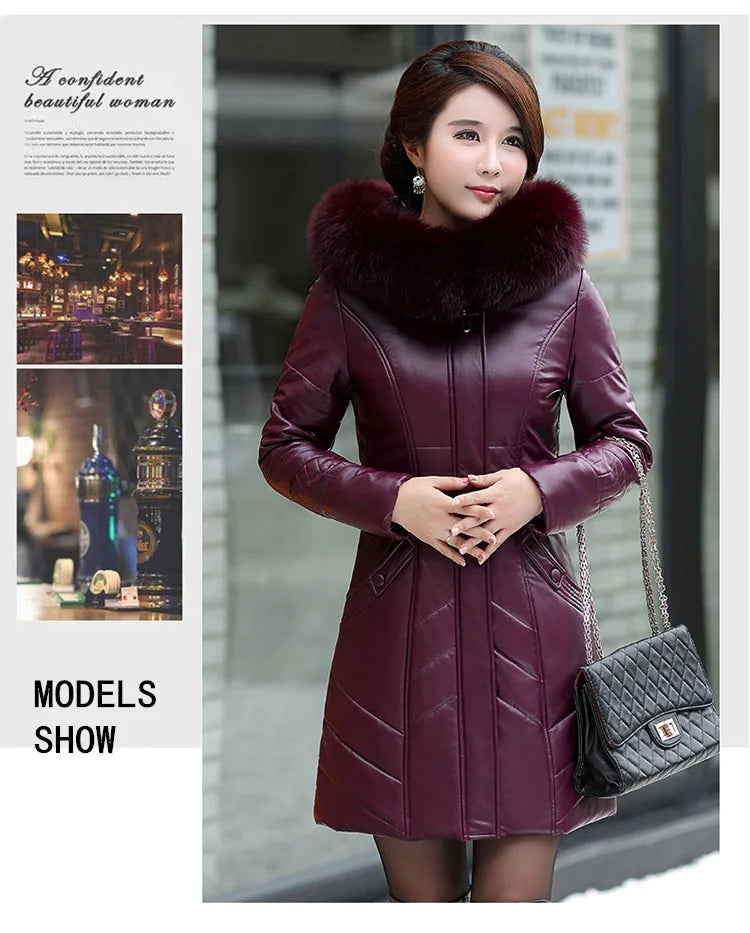 L-8XL Women Leather Coat Winter 2026 Fashion Mother Jacket Thicken Warm Outerwear Fur Collar Hooded Sheepskin Overcoat Female