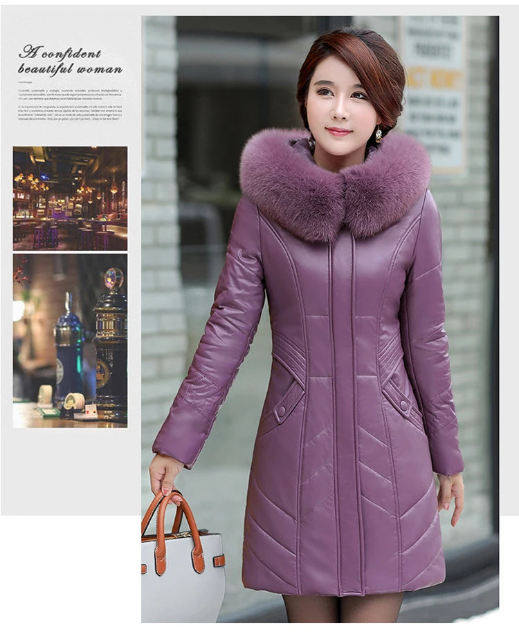 L-8XL Women Leather Coat Winter 2026 Fashion Mother Jacket Thicken Warm Outerwear Fur Collar Hooded Sheepskin Overcoat Female