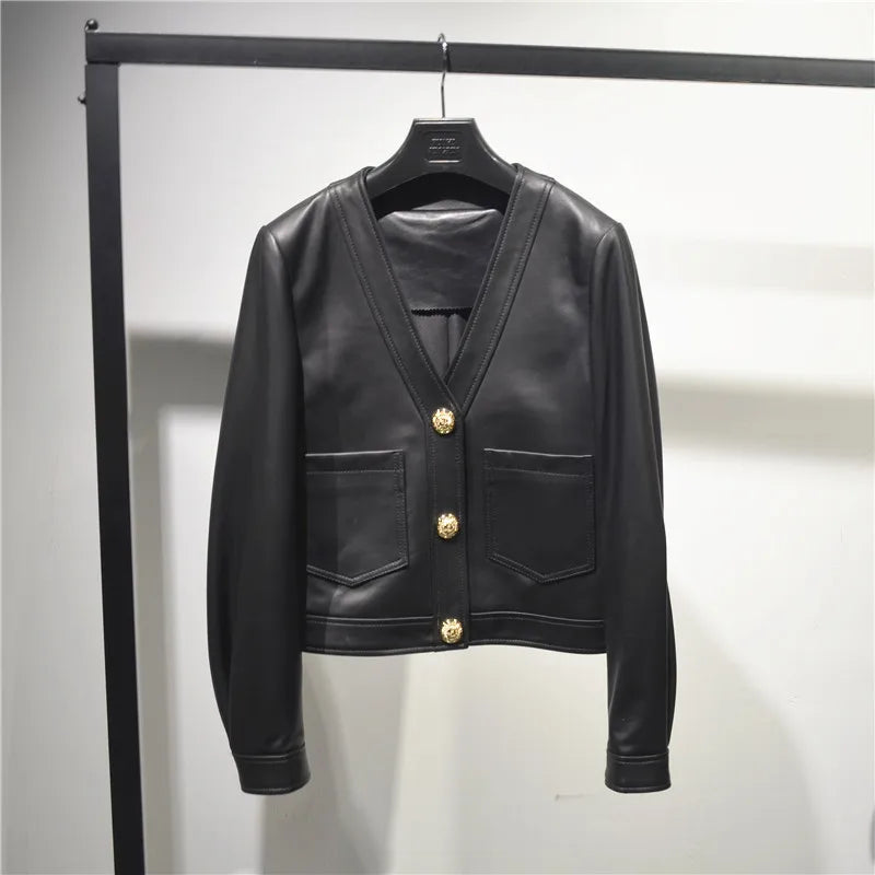 Genuine Sheepskin Casacas Para Mujer Women Casual V-neck Short Khaki/White/Black Leather Jacket Feminino Slim Tops Trendy Pocket