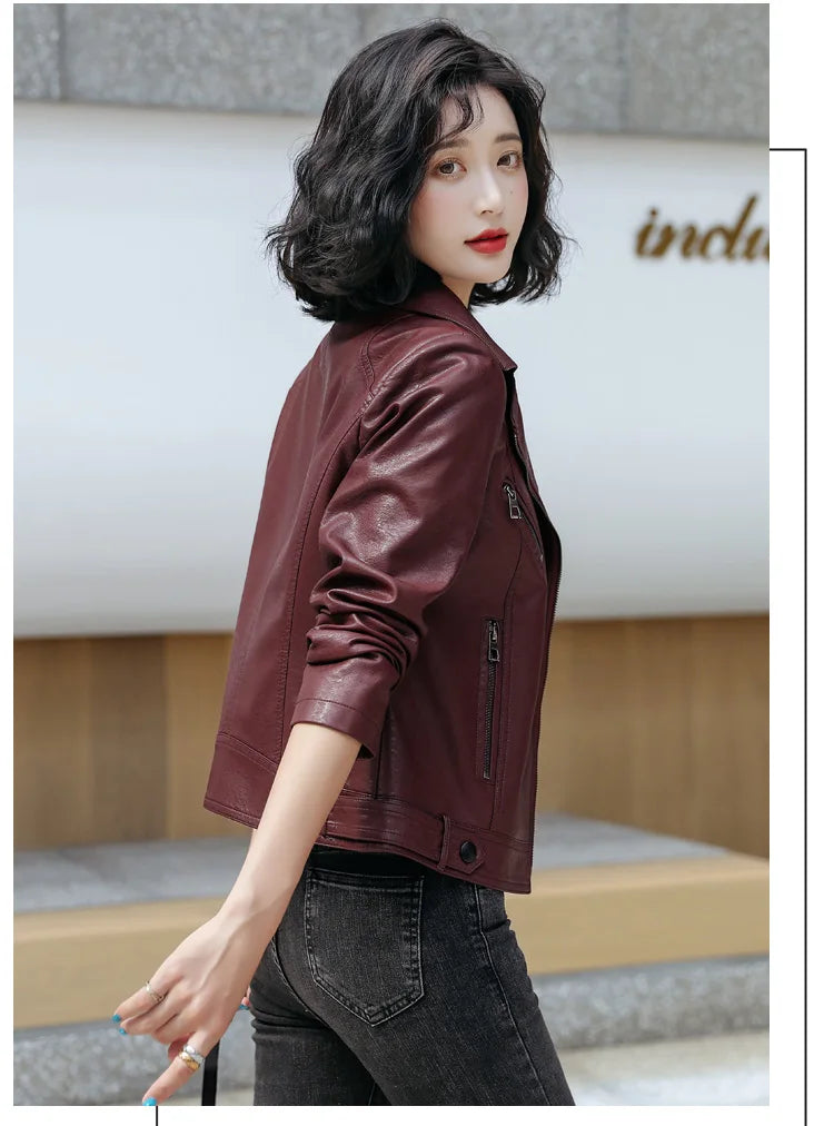 New Women Classic Leather Coat Spring Autumn 2025 Fashion Suit Collar Slim Short Sheepskin Outerwear Biker Leather Jacket Female