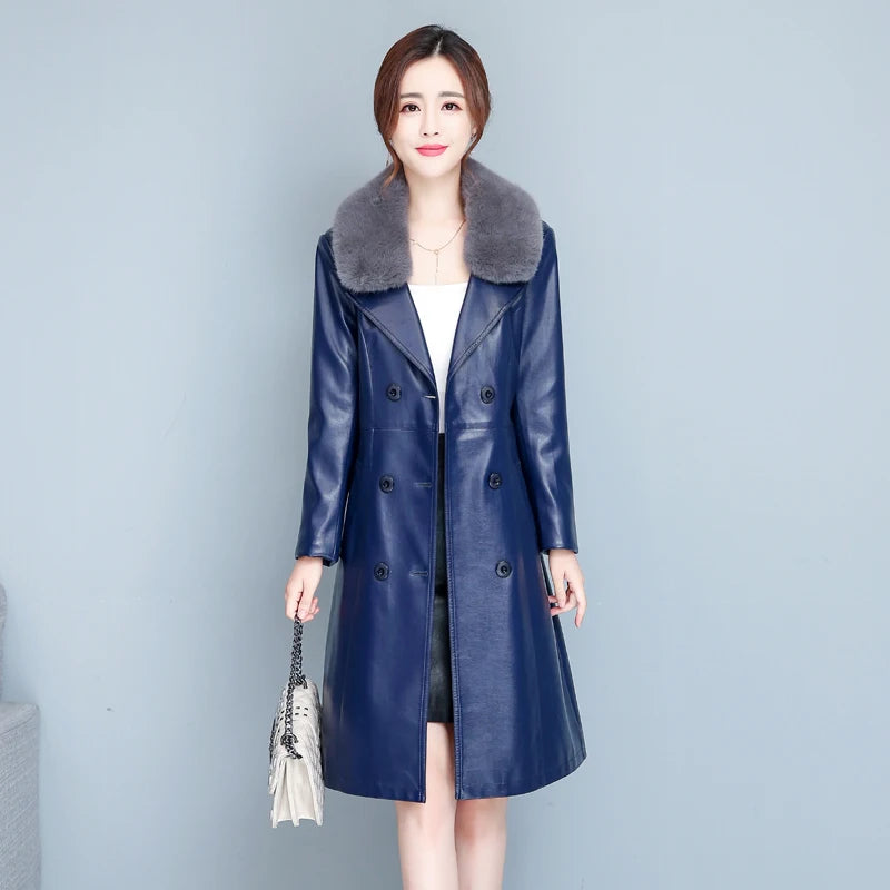 M-7XL Woman Sheepskin OverCoat Spring Autumn Winter 2026 Fashion Fur Collar Warm Thick Slim Long Sheep Leather Coat Female