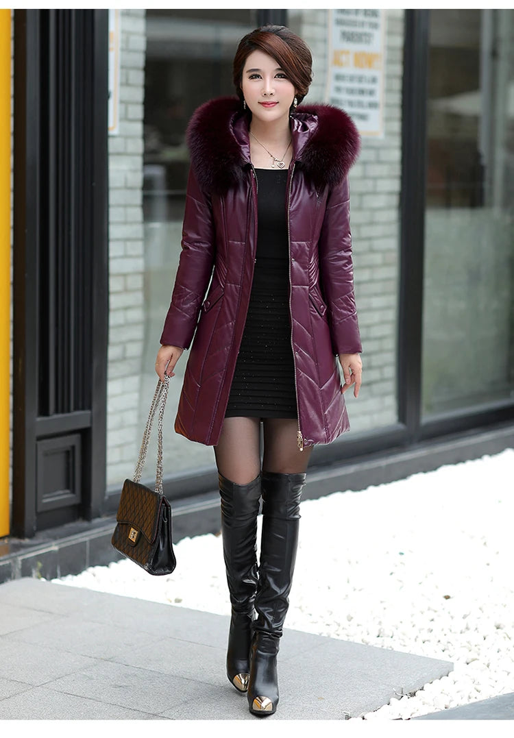 L-8XL Women Leather Coat Winter 2026 Fashion Mother Jacket Thicken Warm Outerwear Fur Collar Hooded Sheepskin Overcoat Female