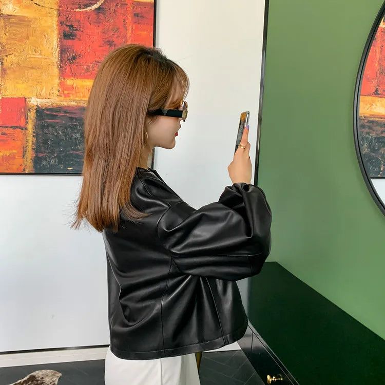 Autumn Puff Sleeve Genuine Leather Jacket Women 100% Sheepskin Collarless Cardigan Casacas Loose Small Short Blouson Cuir Femme