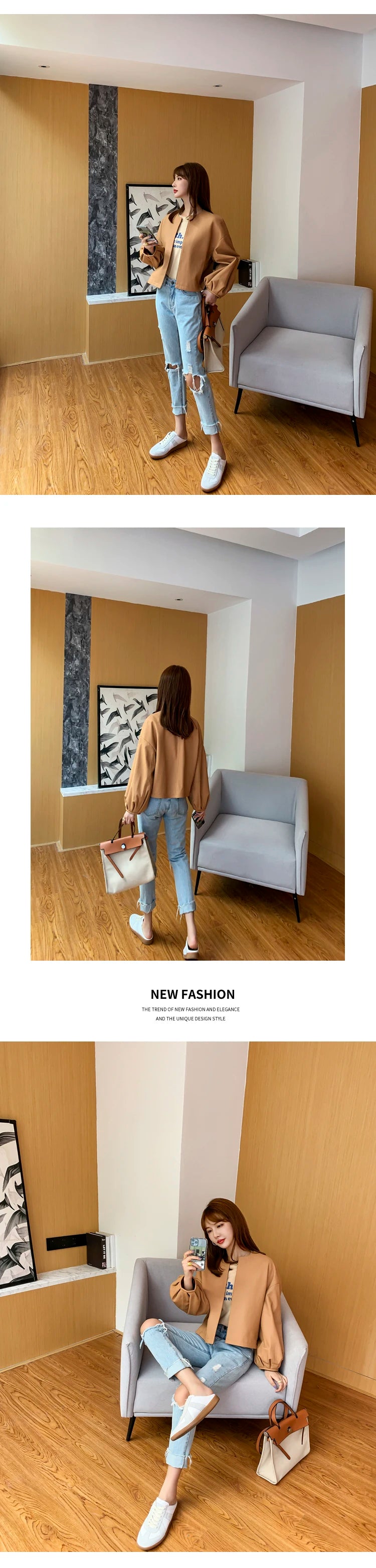 Autumn Puff Sleeve Genuine Leather Jacket Women 100% Sheepskin Collarless Cardigan Casacas Loose Small Short Blouson Cuir Femme
