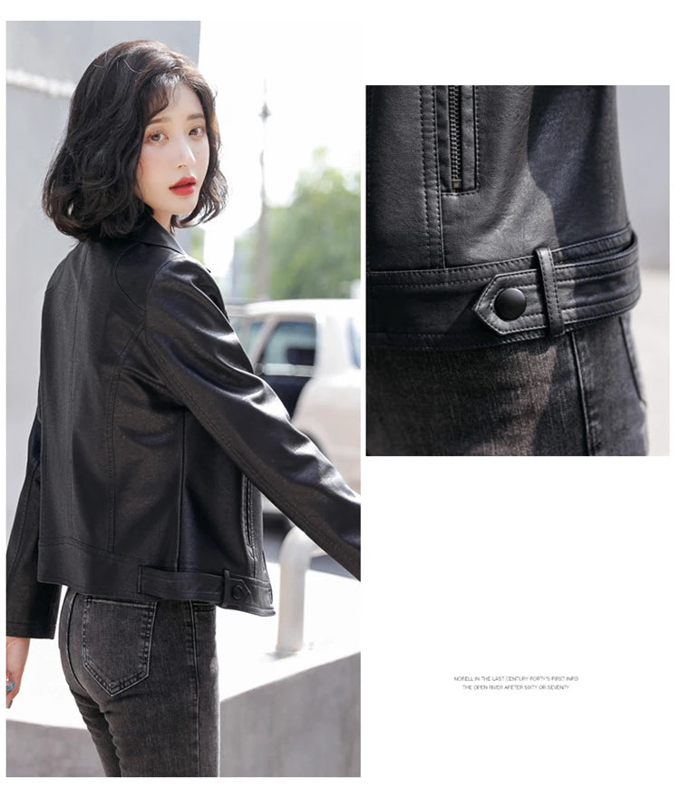 New Women Classic Leather Coat Spring Autumn 2025 Fashion Suit Collar Slim Short Sheepskin Outerwear Biker Leather Jacket Female