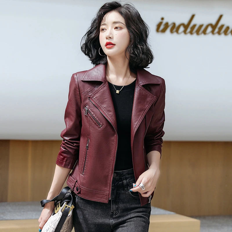 New Women Classic Leather Coat Spring Autumn 2025 Fashion Suit Collar Slim Short Sheepskin Outerwear Biker Leather Jacket Female