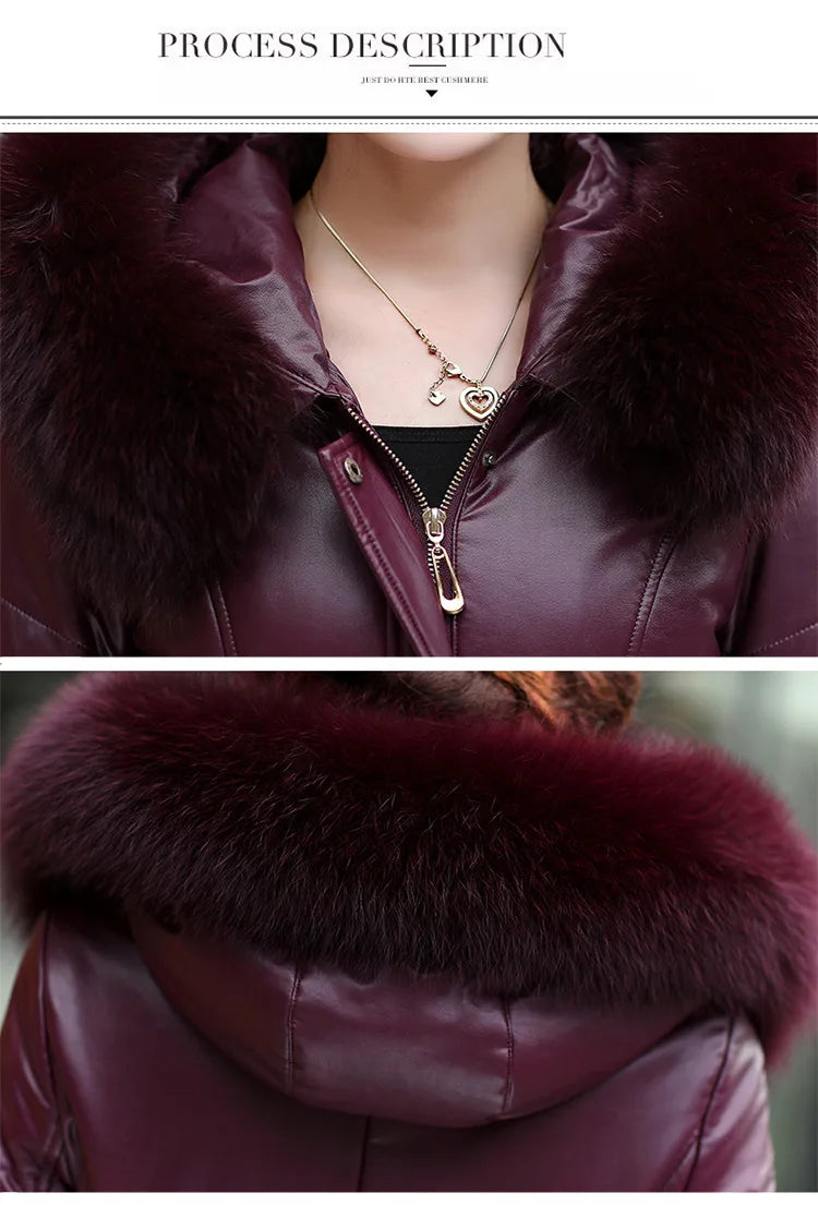 L-8XL Women Leather Coat Winter 2026 Fashion Mother Jacket Thicken Warm Outerwear Fur Collar Hooded Sheepskin Overcoat Female