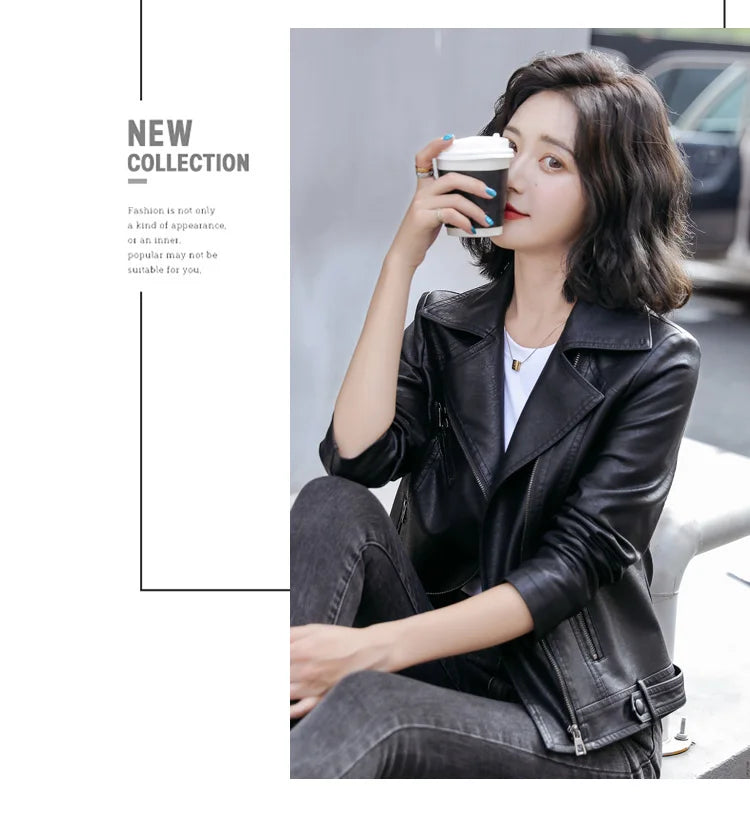 New Women Classic Leather Coat Spring Autumn 2025 Fashion Suit Collar Slim Short Sheepskin Outerwear Biker Leather Jacket Female