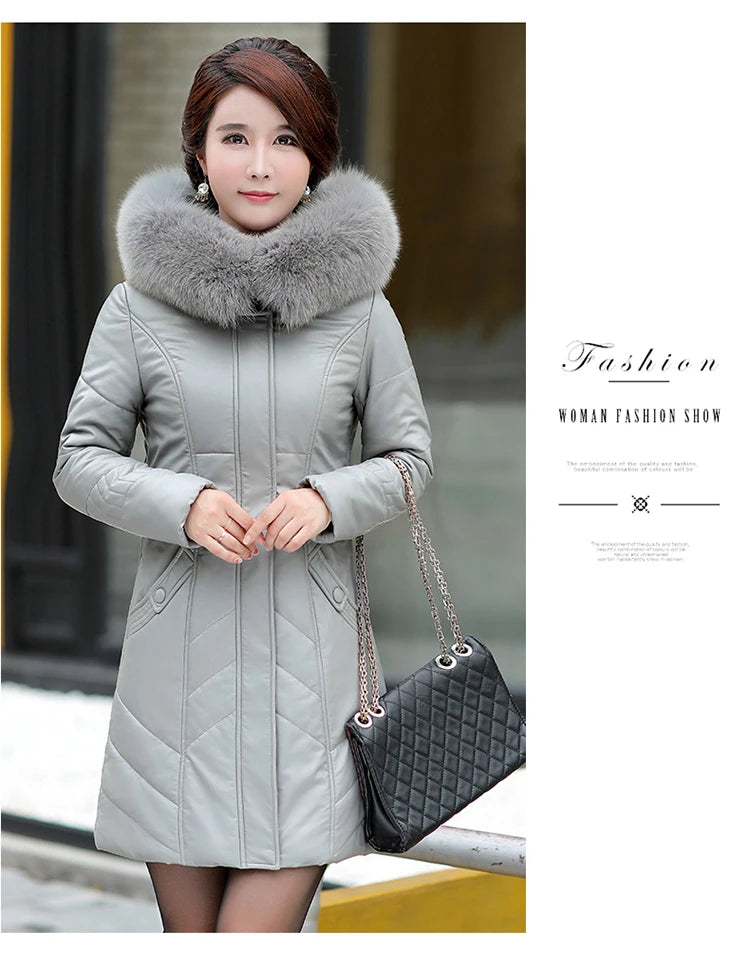 L-8XL Women Leather Coat Winter 2026 Fashion Mother Jacket Thicken Warm Outerwear Fur Collar Hooded Sheepskin Overcoat Female